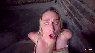 A pretty girl got a face full of cum when she was fucked hard on the stairs