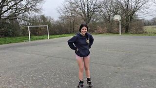 A petite girl risked sex in the woods and got a cumshot on her face