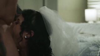 A cute brunette with a tattoo got fucked painfully and slowly on the bed