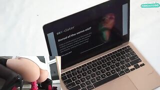 A hot brunette was caught in the act in the office