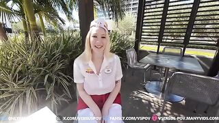 A cute blonde babe with huge boobs gets fucked hard in POV style