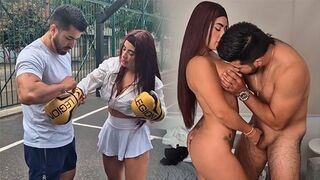 A girl is fucking with her trainer in the gym, getting cum on her face