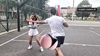 A girl is fucking with her trainer in the gym, getting cum on her face