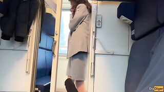 The cute girl was jerking off the conductor in the train
