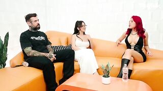 Two girls are having a competition in who can do splits on dick better