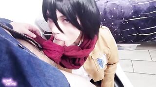 A couple engaged in role play with a twist, inspired by Attack on Titan